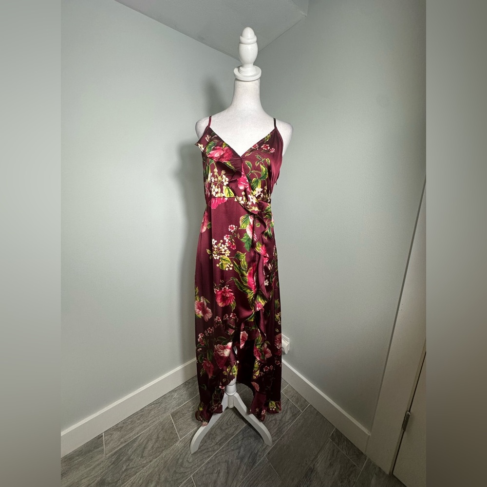 VICI Capriccio Satin Floral Ruffle  Burgundy Maxi Dress- Size Medium - Picture 5 of 17